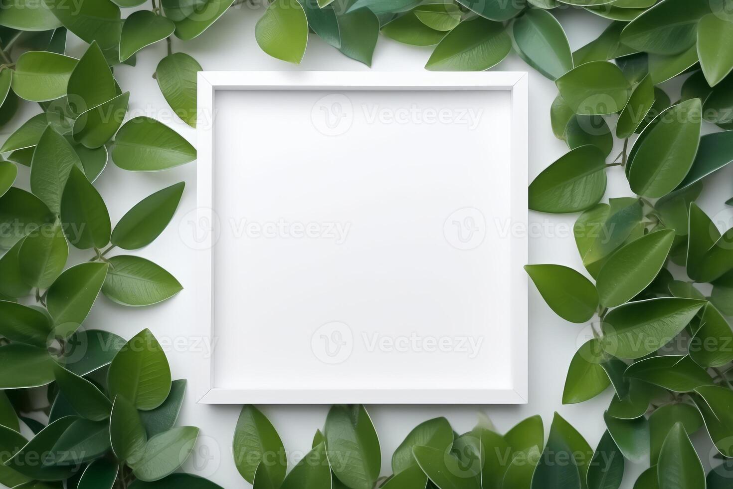 Natural Elegance Green Leaves and White Square Frame Creative Layout for Advertising Card or Invitation photo