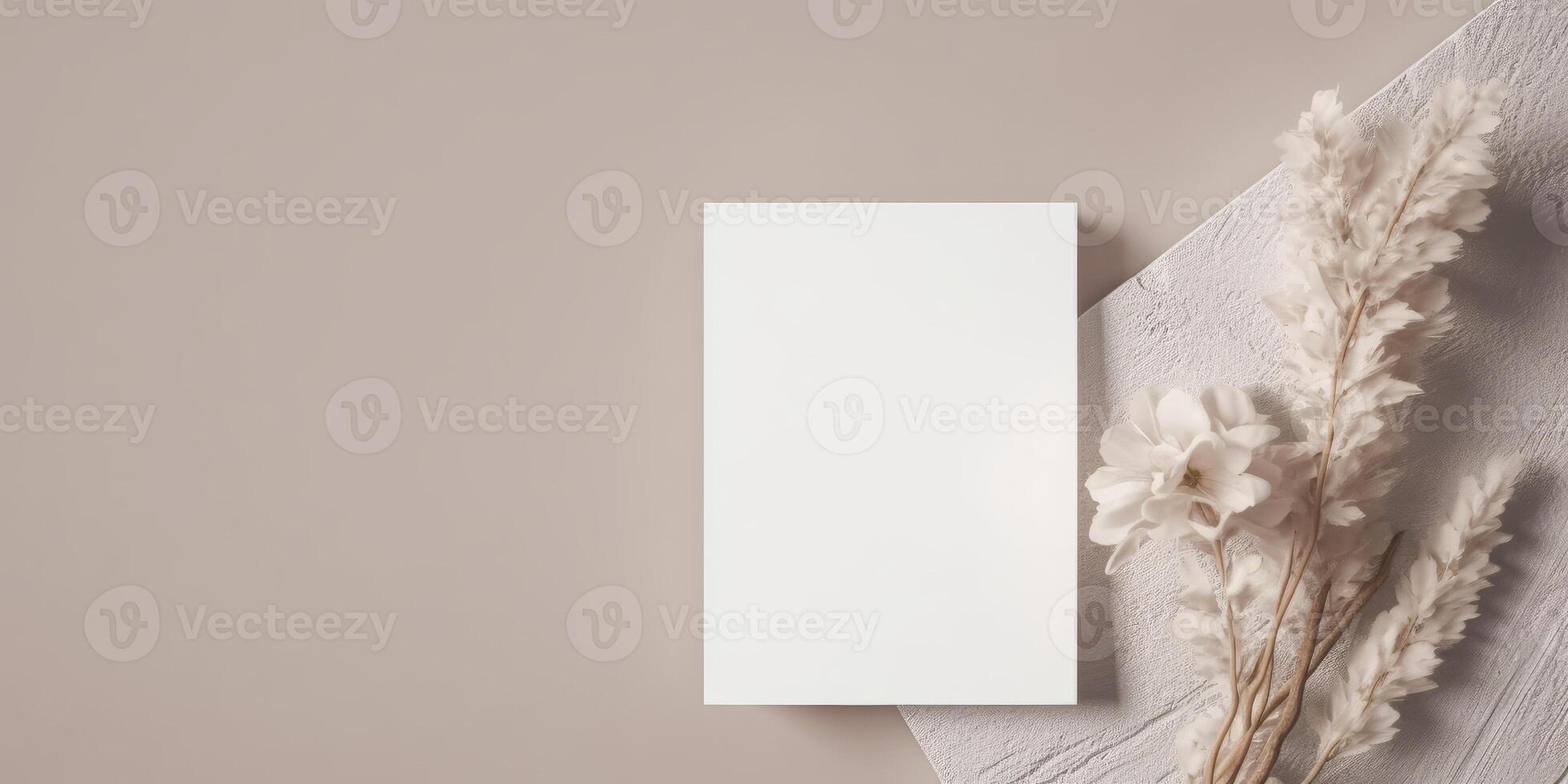 Mockup Paper Wedding Invitation Boho Minimal Style Greeting Card for Wedding Invitations and Birthday Stationery. Top View Flat Lay Copyspace. photo