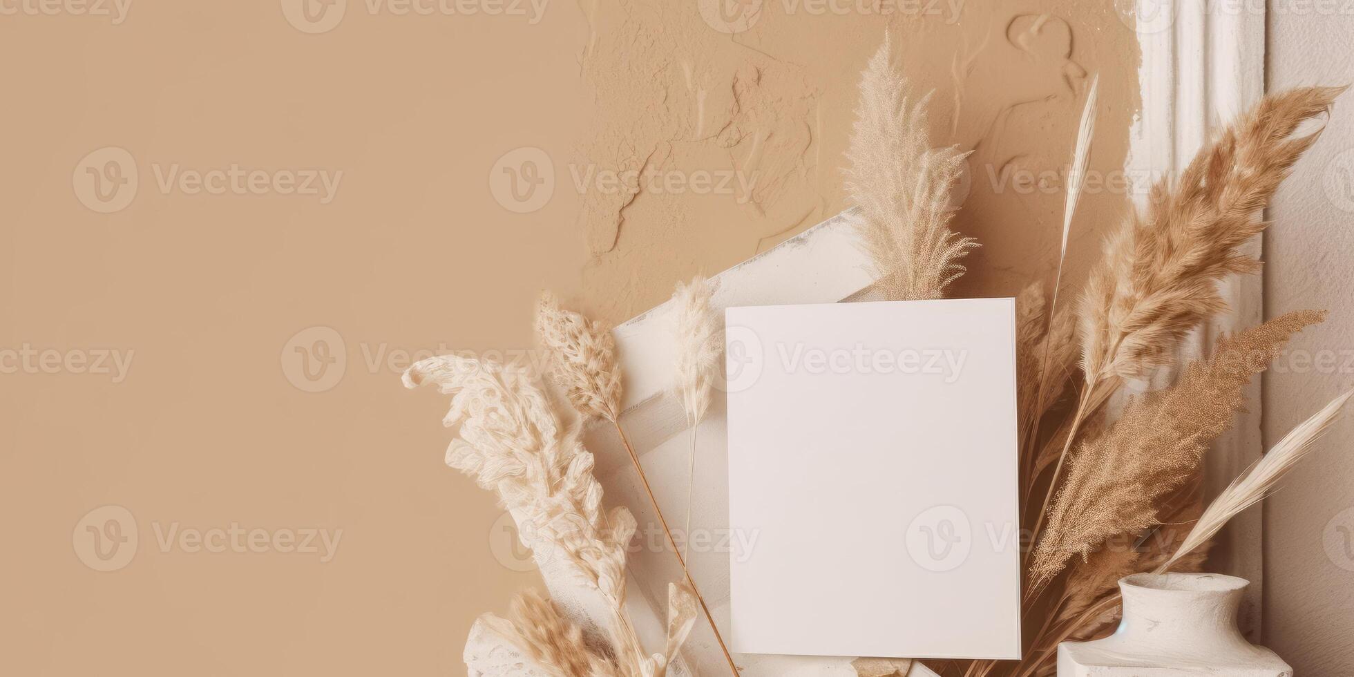 Mockup Paper Wedding Invitation Boho Minimal Style Greeting Card for Wedding Invitations and Birthday Stationery. Top View Flat Lay Copyspace. photo