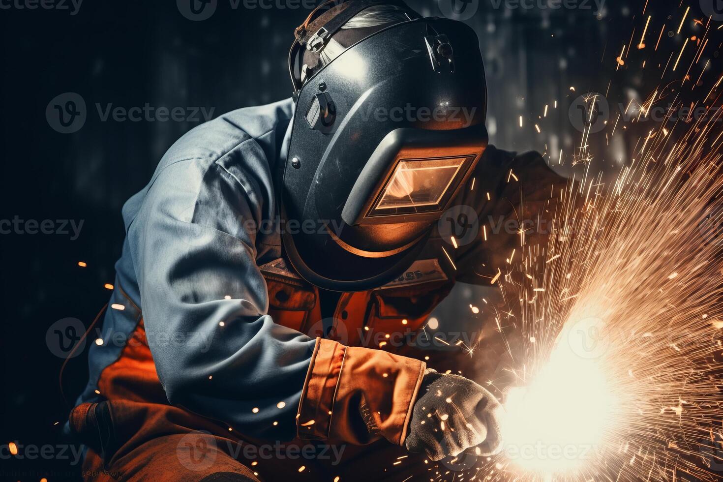 Welder Wearing Welding Gear with Sparks A Skilled Welder in the Industrial Setting with Bokeh and Sparkle Background, photo