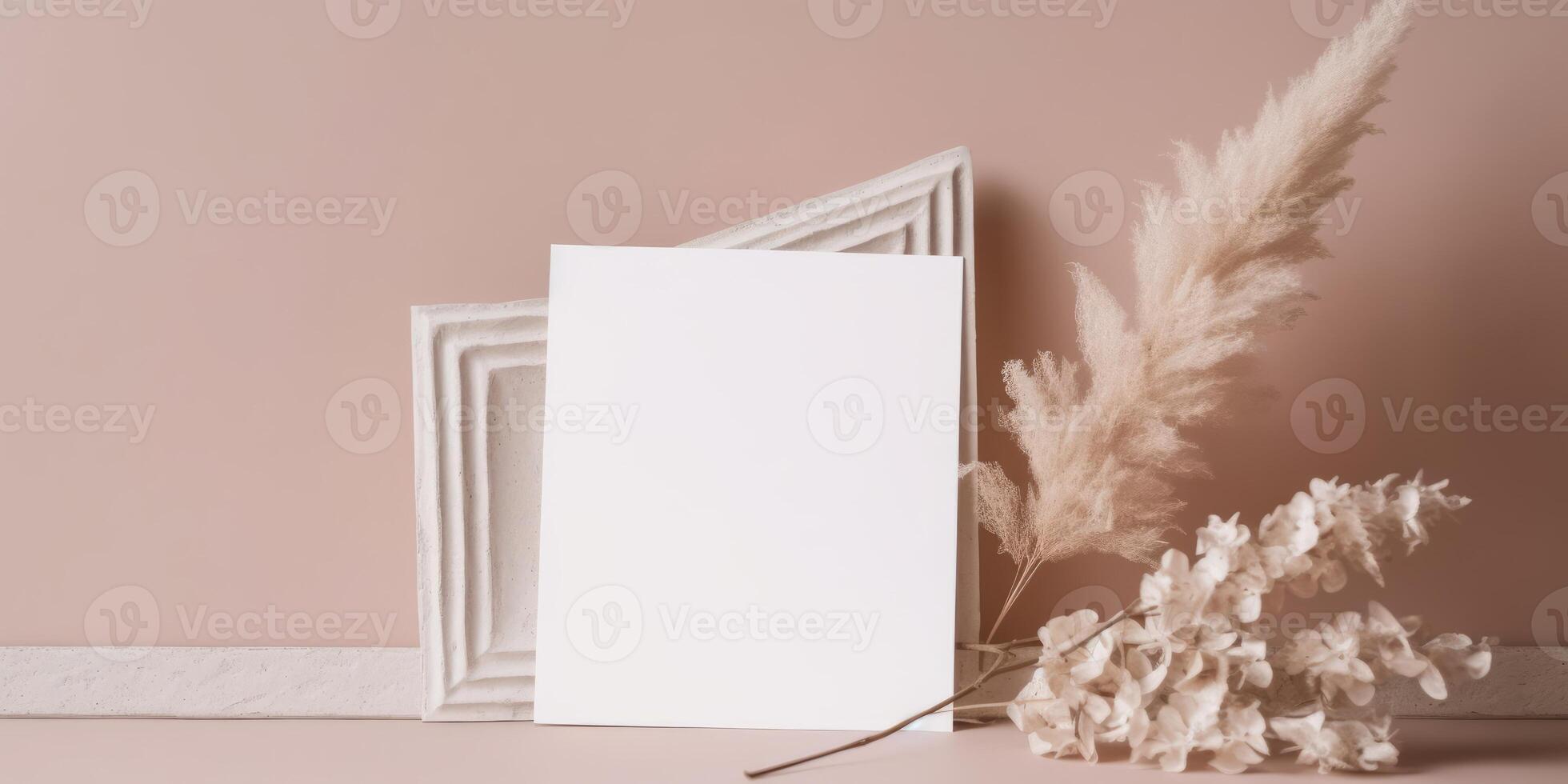 Mockup Paper Wedding Invitation Boho Minimal Style Greeting Card for Wedding Invitations and Birthday Stationery. Top View Flat Lay Copyspace. photo
