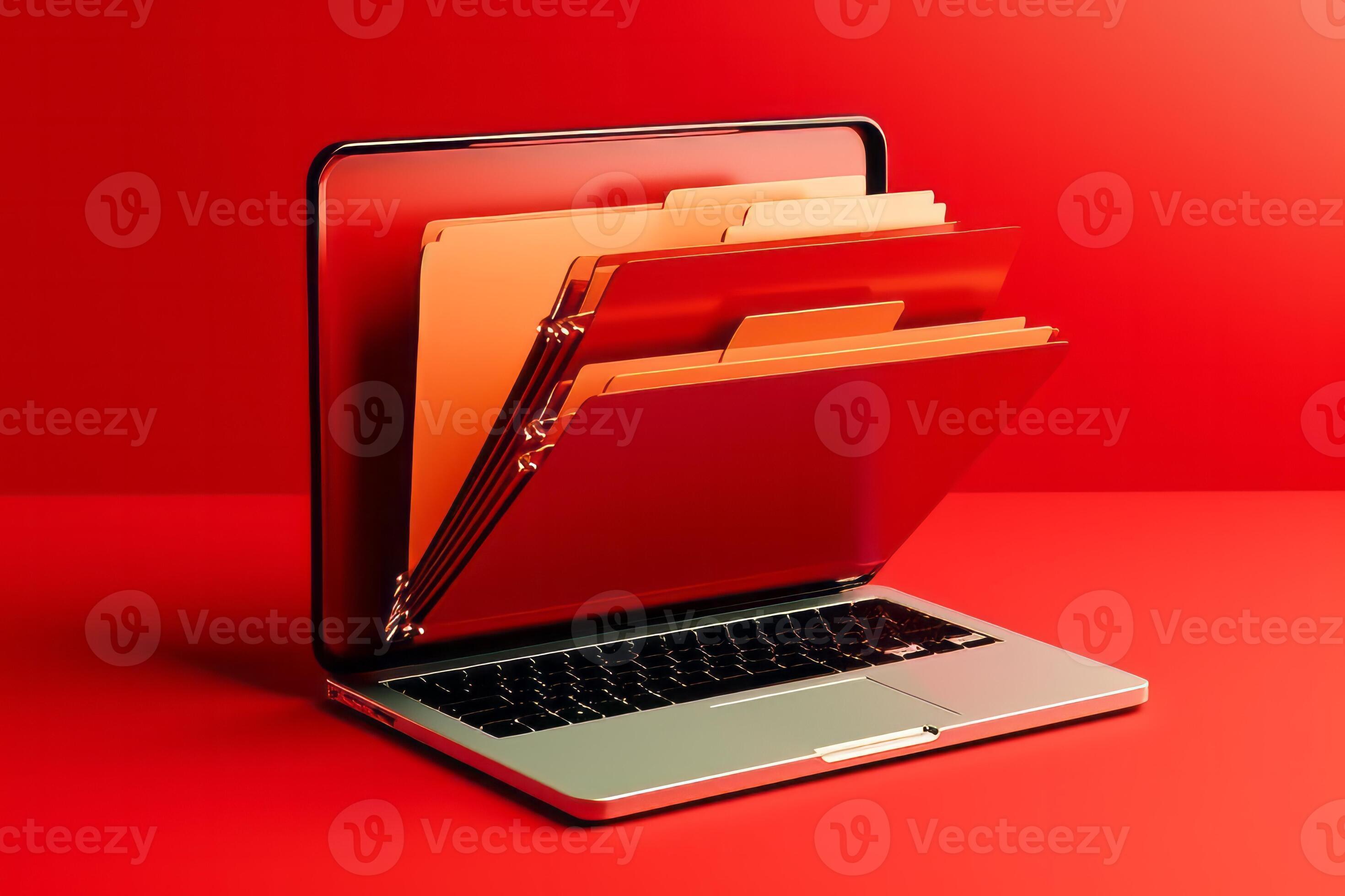 Red laptop screen with file folder, AI Generated 26173322 Stock Photo
