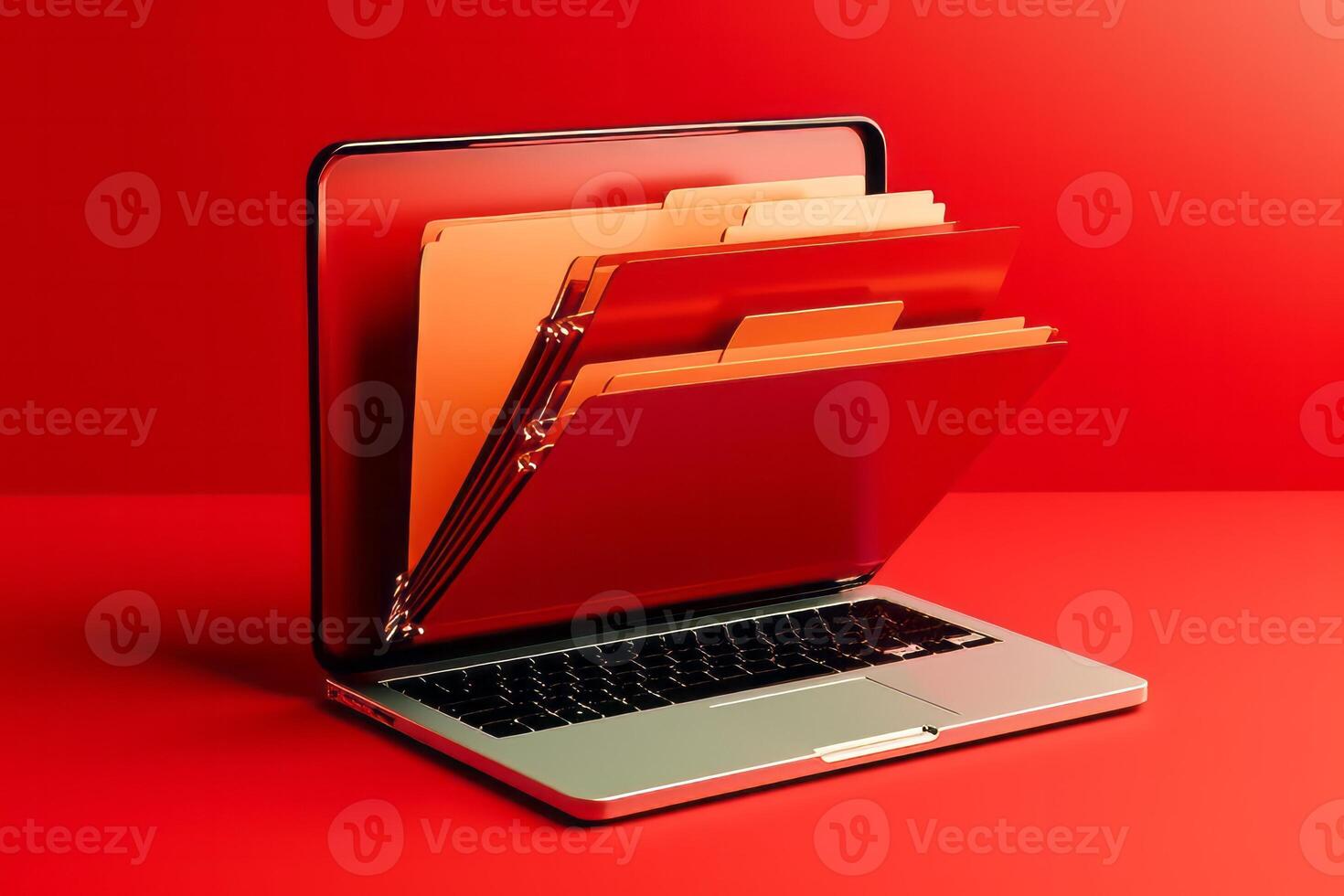 Red laptop screen with file folder, AI Generated photo