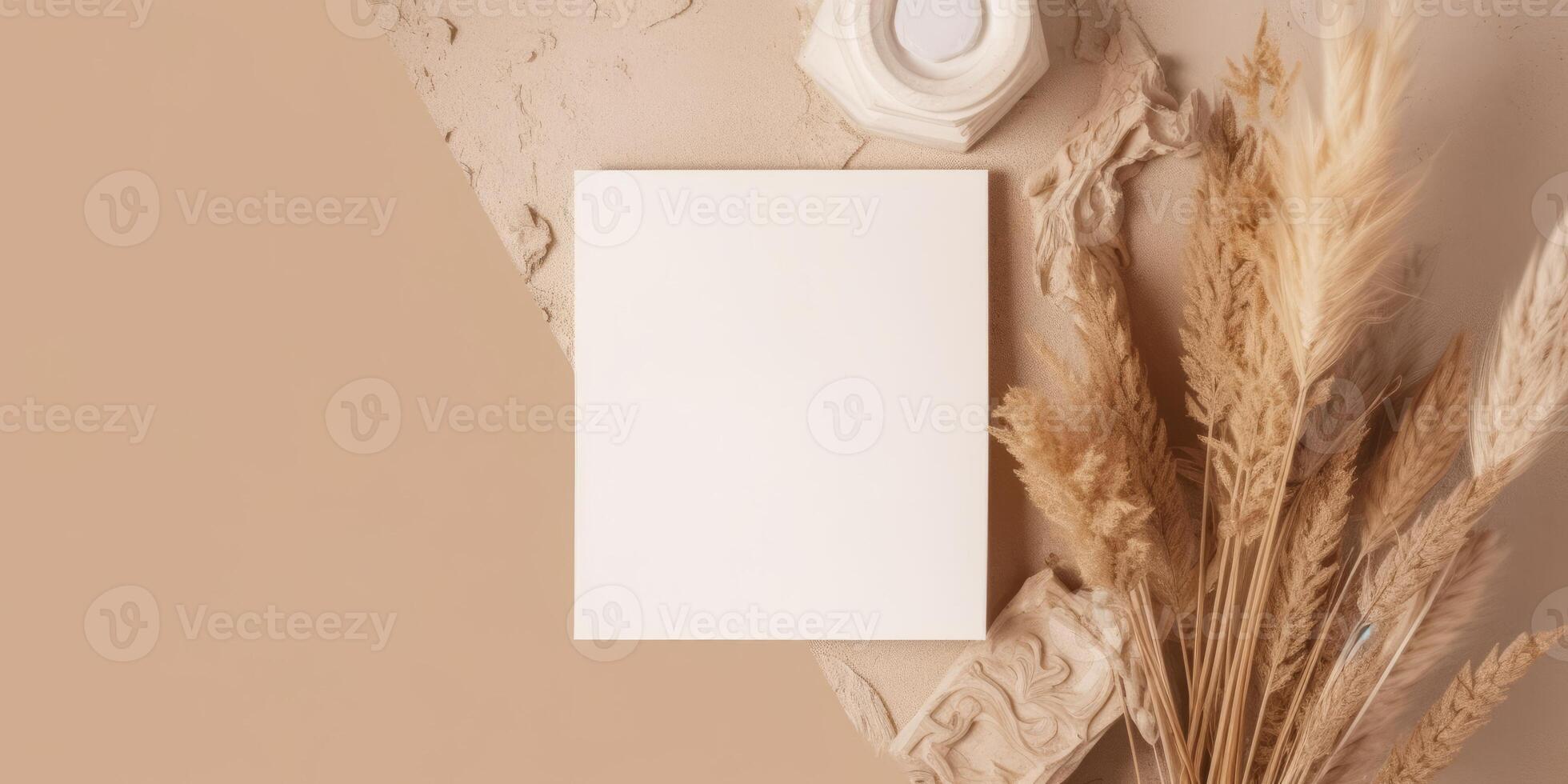 Mockup Paper Wedding Invitation Boho Minimal Style Greeting Card for Wedding Invitations and Birthday Stationery. Top View Flat Lay Copyspace. photo