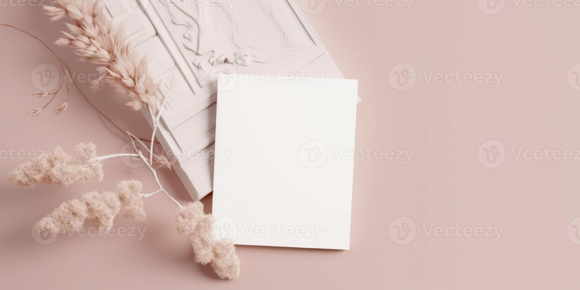 Mockup Paper Wedding Invitation Boho Minimal Style Greeting Card for Wedding Invitations and Birthday Stationery. Top View Flat Lay Copyspace. photo