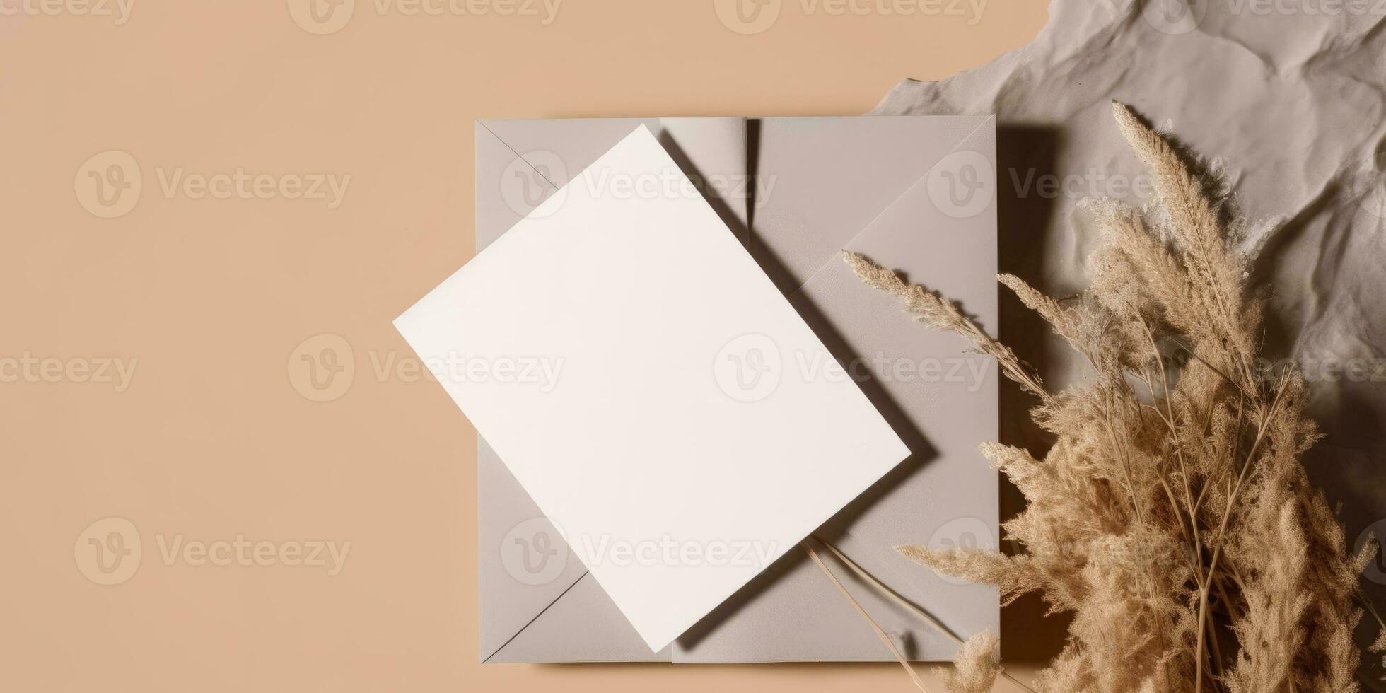 Mockup Paper Wedding Invitation Boho Minimal Style Greeting Card for Wedding Invitations and Birthday Stationery. Top View Flat Lay Copyspace. AI Generated photo