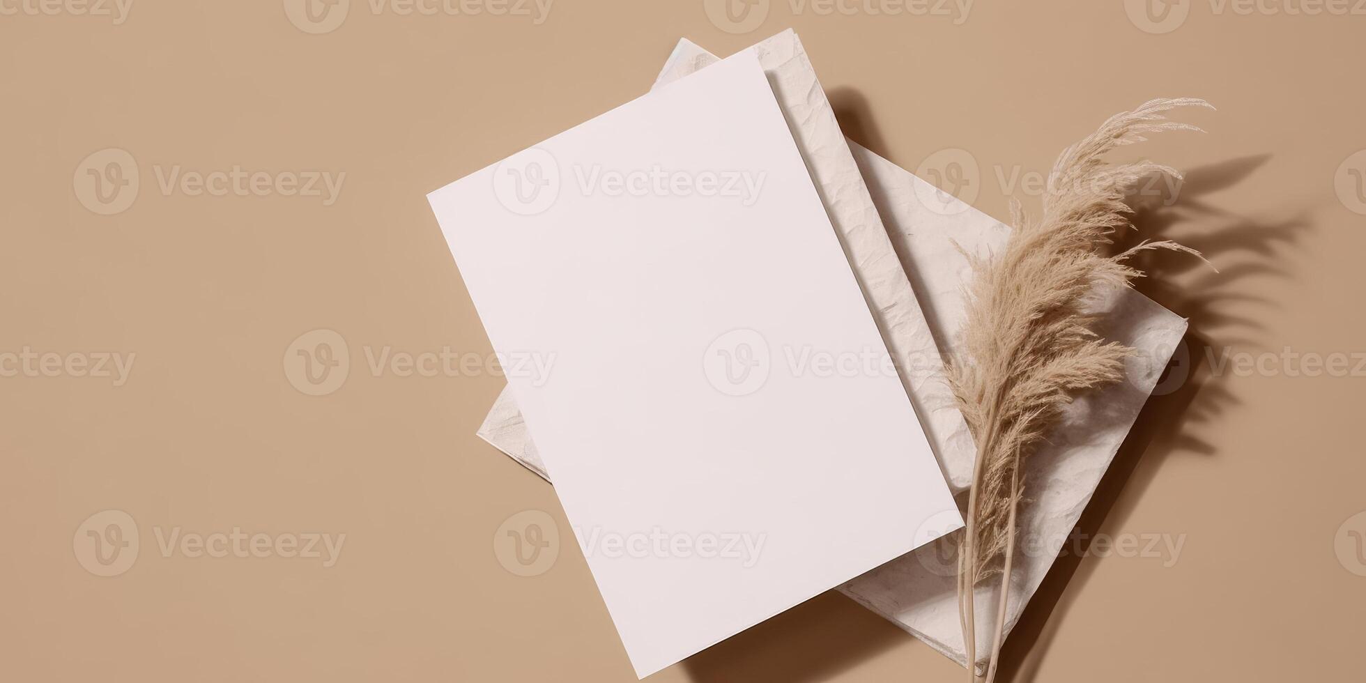 Mockup Paper Wedding Invitation Boho Minimal Style Greeting Card for Wedding Invitations and Birthday Stationery. Top View Flat Lay Copyspace. photo