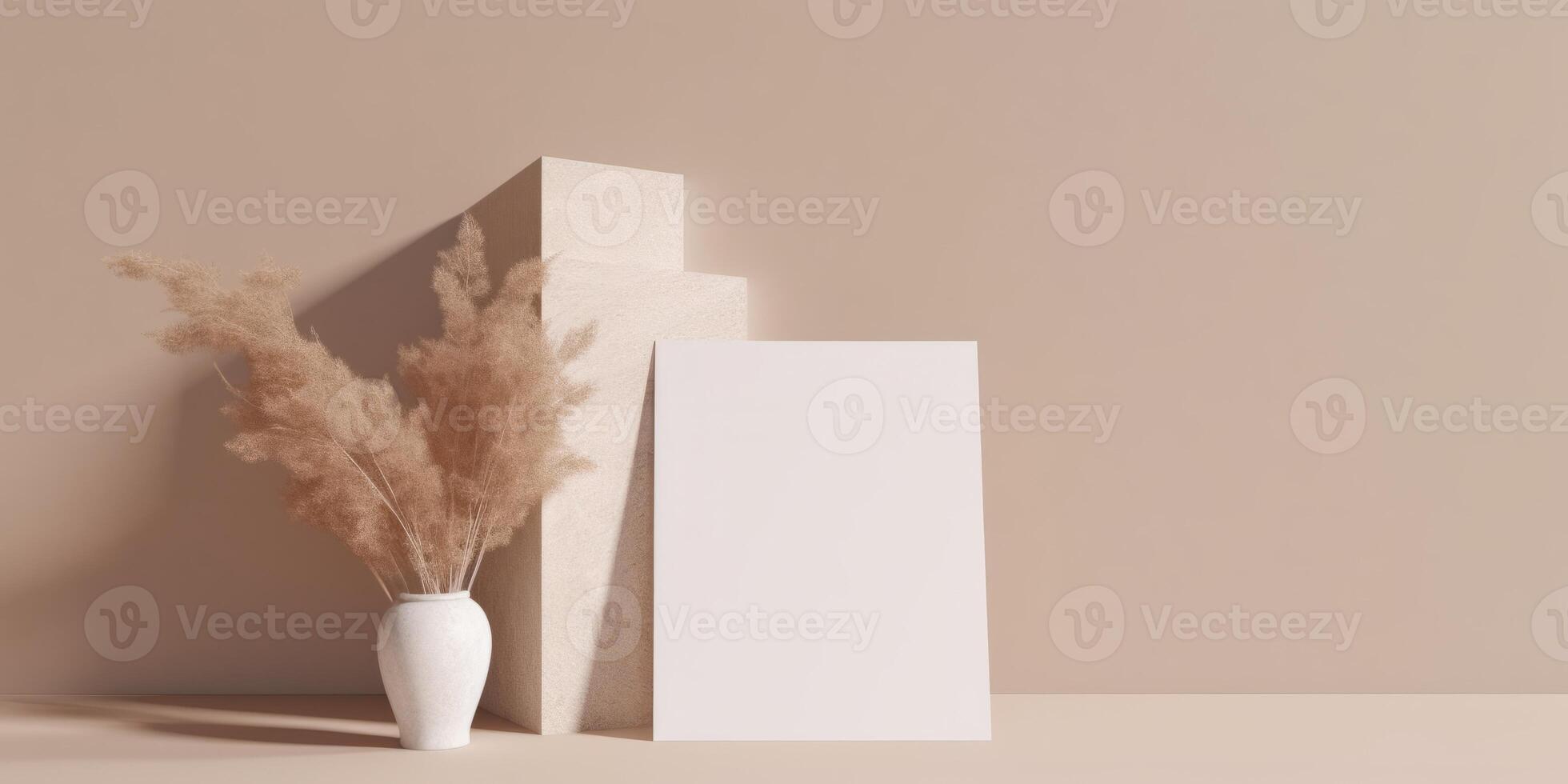 Mockup Paper Wedding Invitation Boho Minimal Style Greeting Card for Wedding Invitations and Birthday Stationery. Top View Flat Lay Copyspace. photo