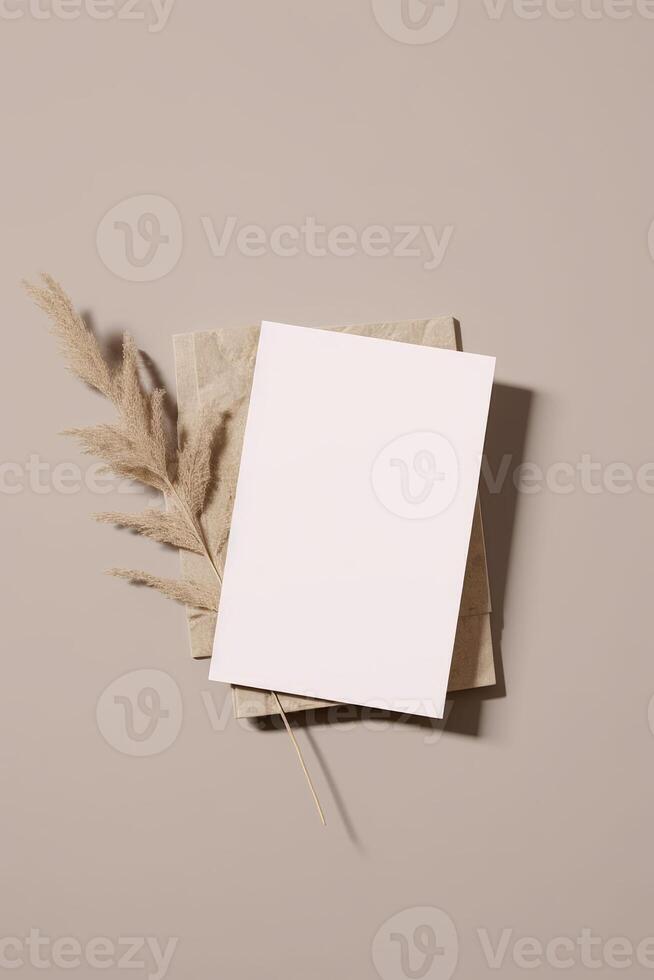 Mockup Paper Wedding Invitation Boho Minimal Style Greeting Card for Wedding Invitations and Birthday Stationery. Top View Flat Lay Copyspace. AI Generated photo