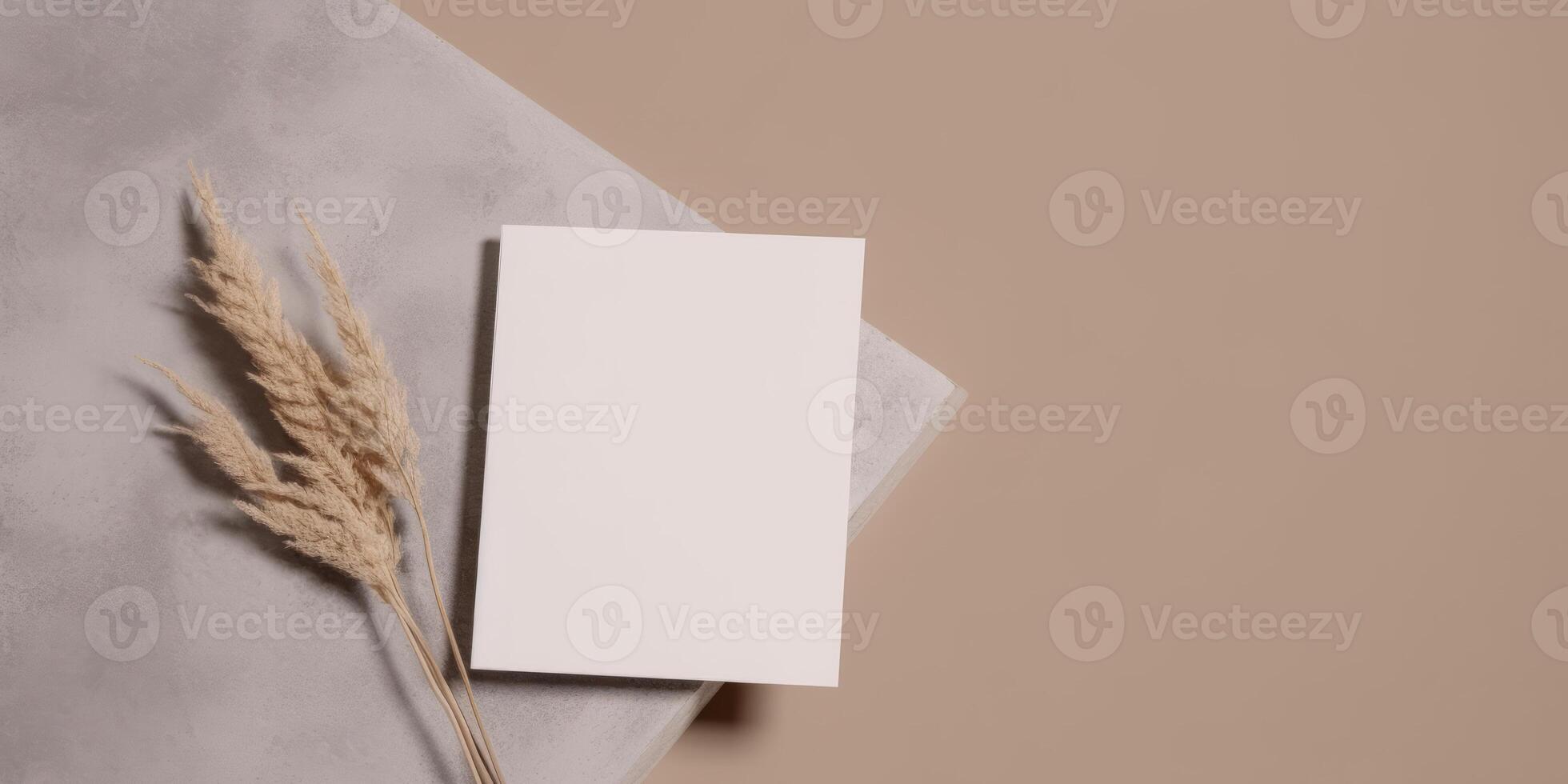 Mockup Paper Wedding Invitation Boho Minimal Style Greeting Card for Wedding Invitations and Birthday Stationery. Top View Flat Lay Copyspace. AI Generated photo