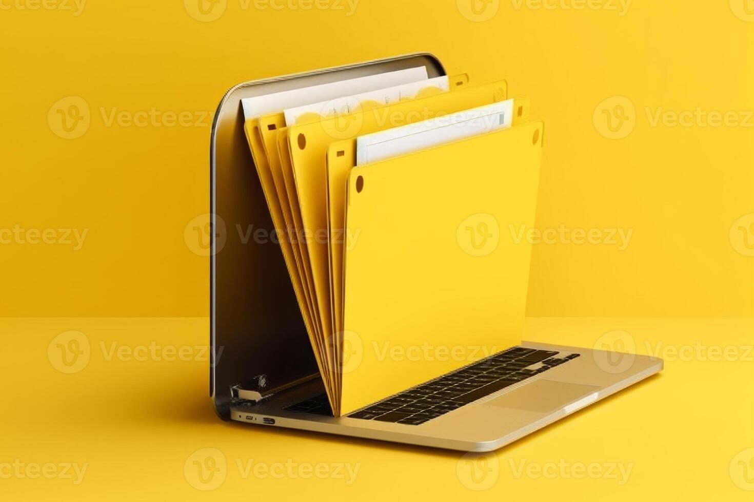 Yellow background with laptop file folder, photo