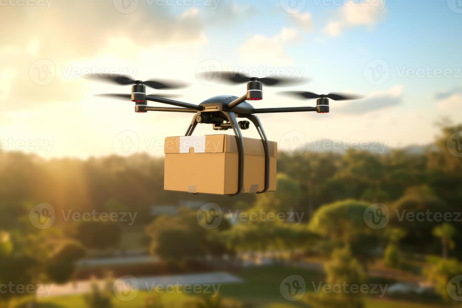 Futuristic Drone Delivery Revolutionizing Business Air Transportation with Unmanned Aircraft Robots, package flying through the air off a drone photo