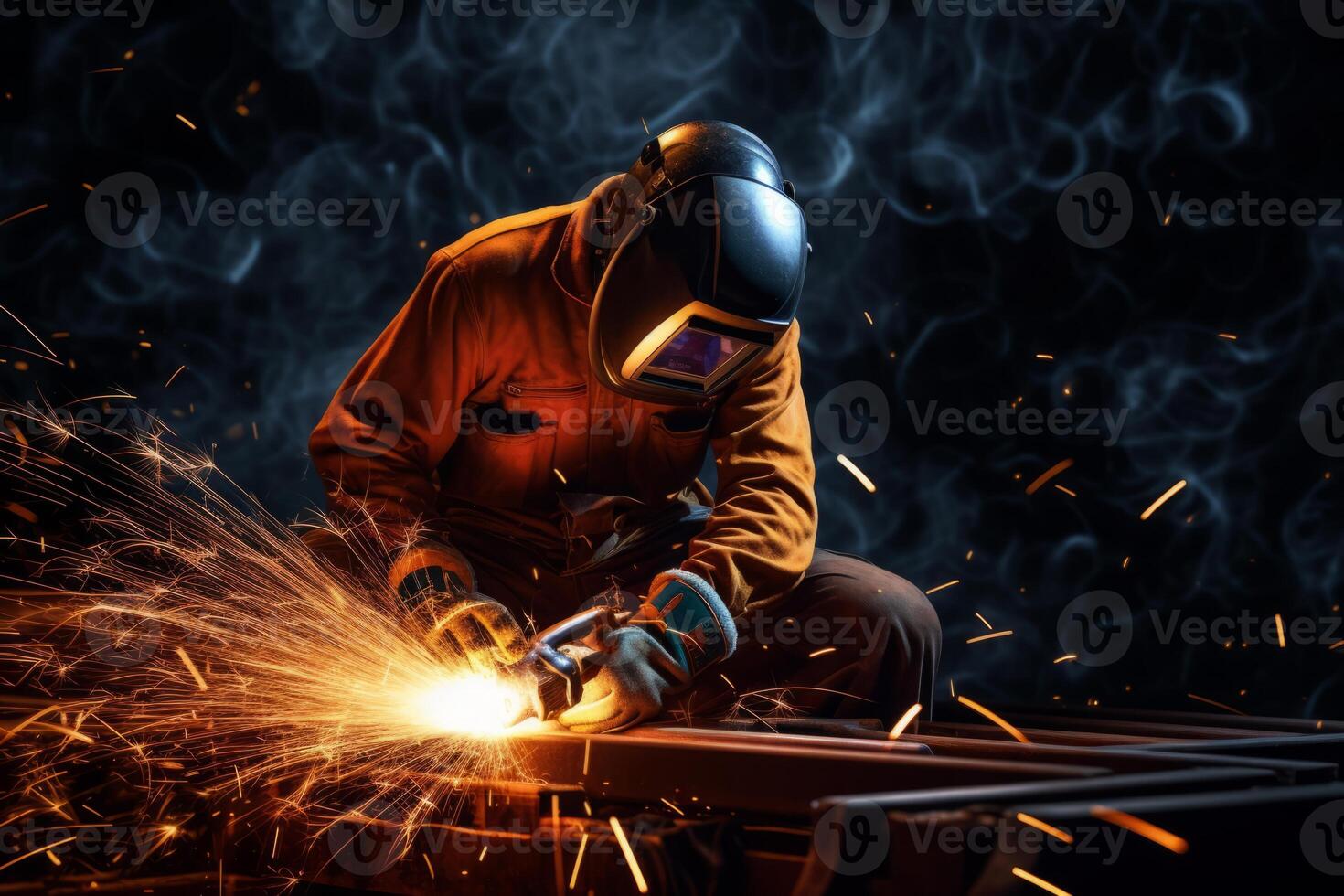 Welder Wearing Welding Gear with Sparks A Skilled Welder in the Industrial Setting with Bokeh and Sparkle Background, photo