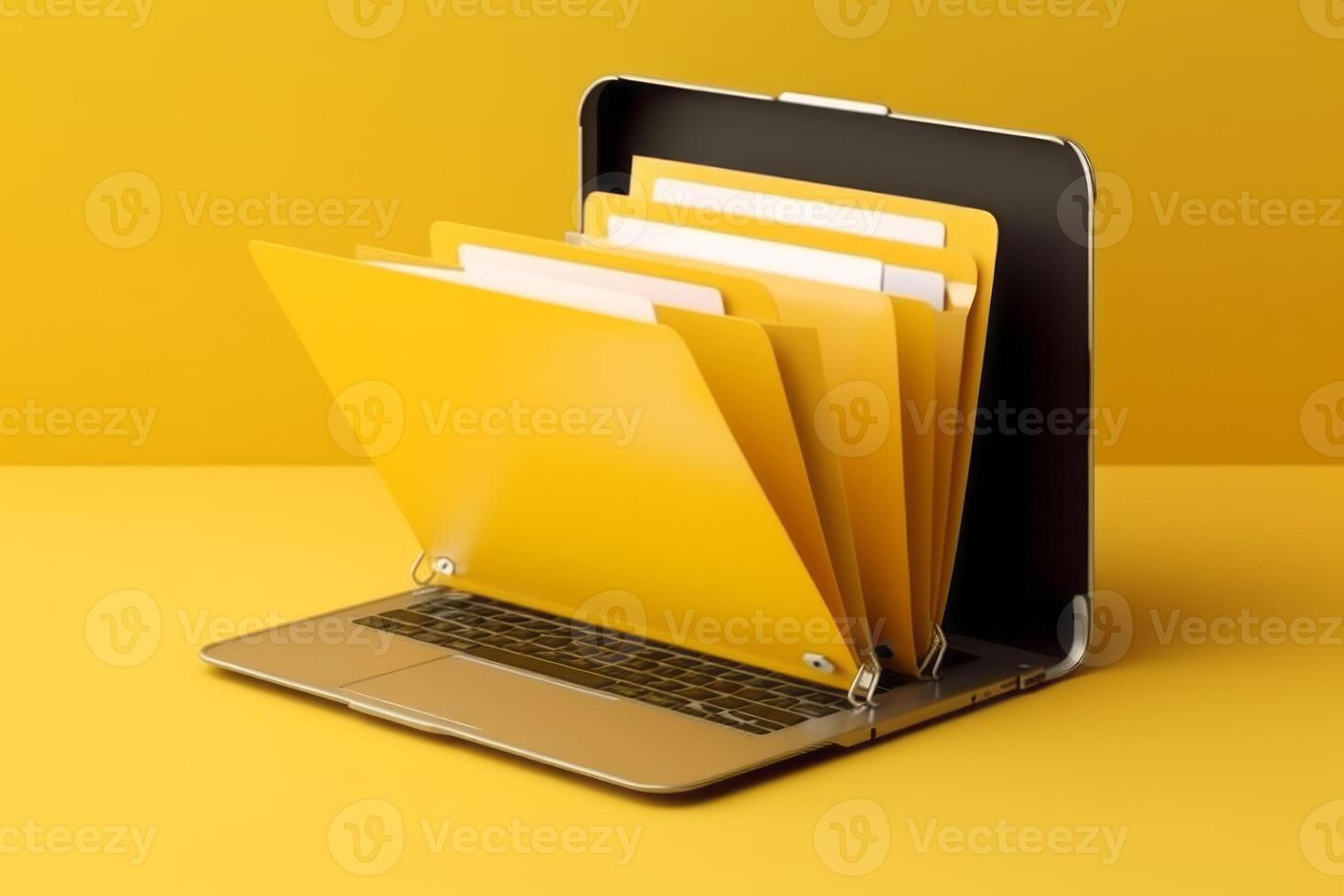 Yellow background with laptop file folder, photo