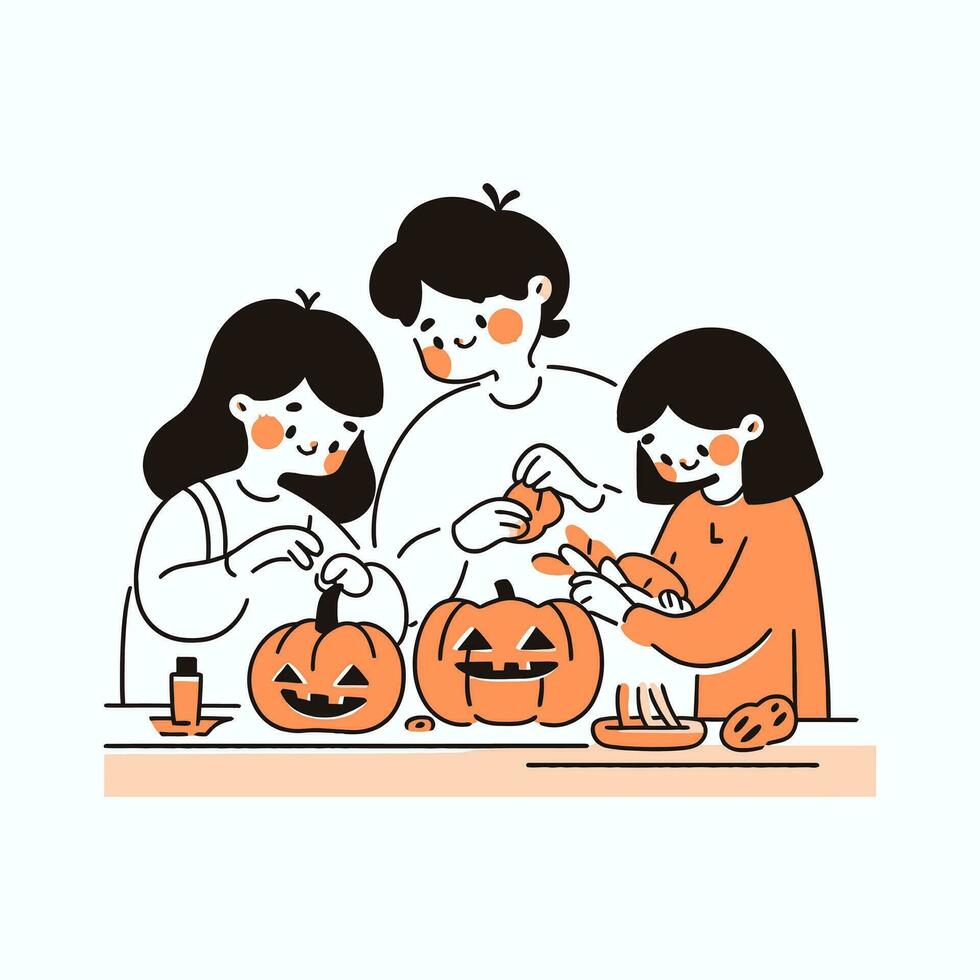 un familia tallado calabazas juntos, con emocionado anticipación para Víspera de Todos los Santos noche. vector ilustración