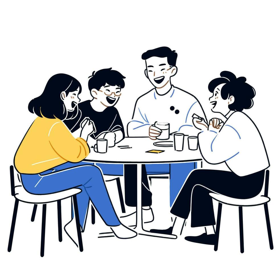 un grupo de amigos riendo y compartiendo cuentos a un café comercio, minimalista vector ilustración