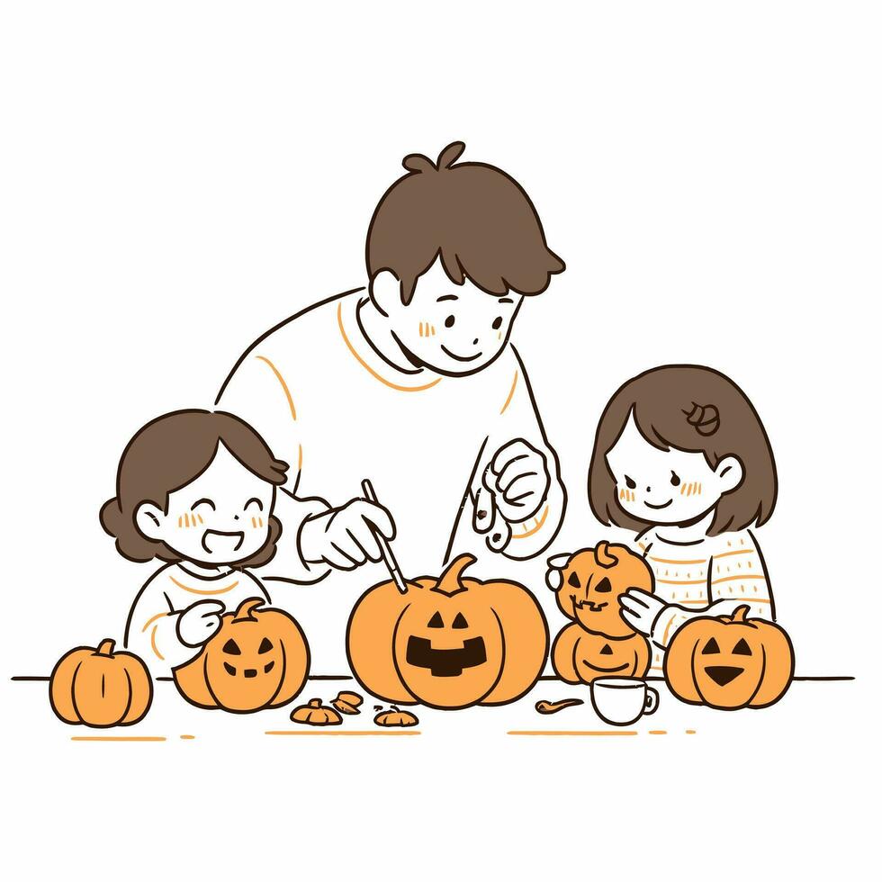 A family carving pumpkins together, with excited anticipation for Halloween night. Vector illustration