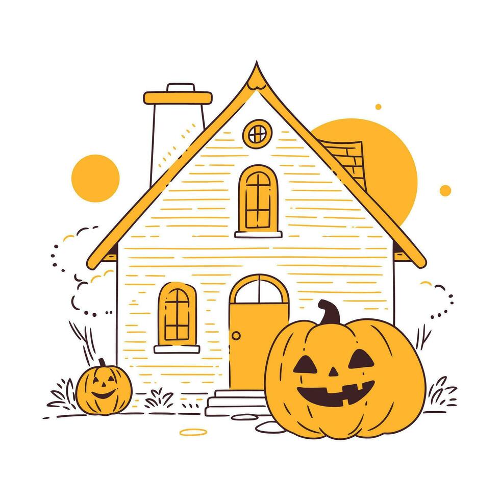 A glowing jack-o-lantern with a mischievous smile sitting on a porch. Vector Illustration.