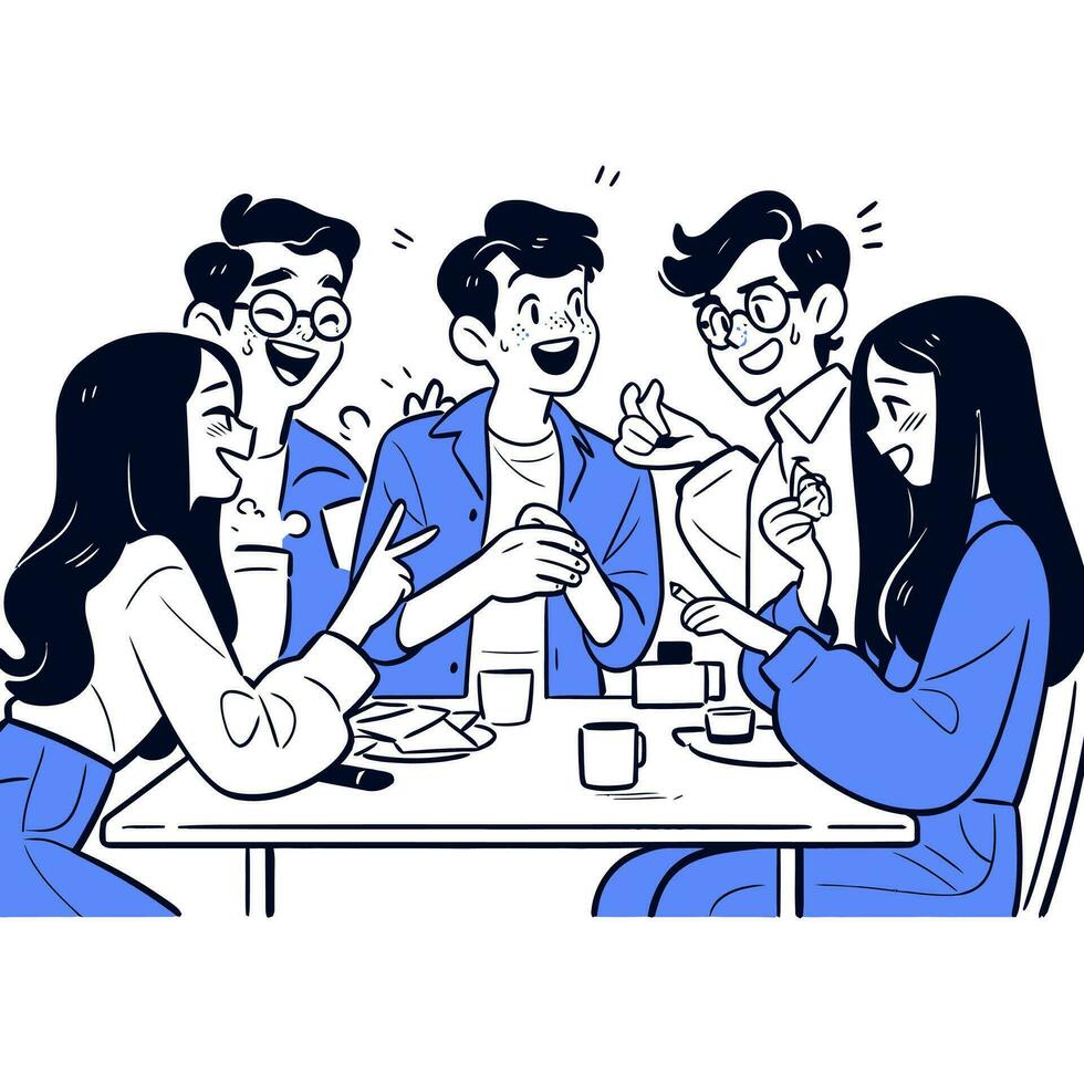 un grupo de amigos riendo y compartiendo cuentos a un café comercio, minimalista vector ilustración