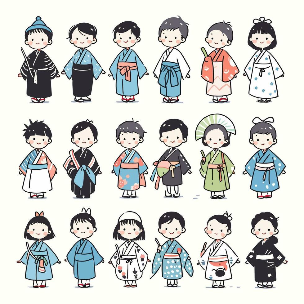 Children performing in a school play wearing handmade costumes, vector illustration