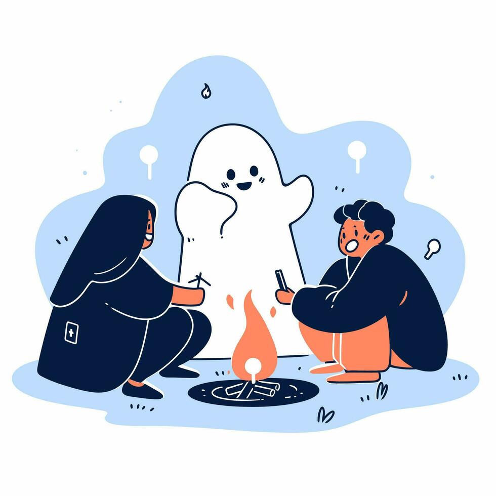 A group of friends telling spooky stories around a bonfire on Halloween night. Vector Illustration.