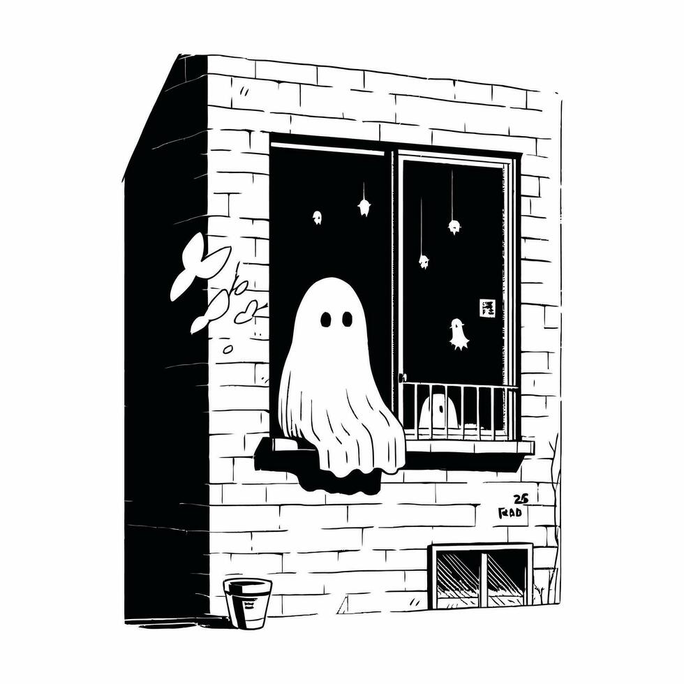 un fantasmal figura apareciendo a el ventana de un abandonado casa en un Relajado Víspera de Todos los Santos noche. vector ilustración.