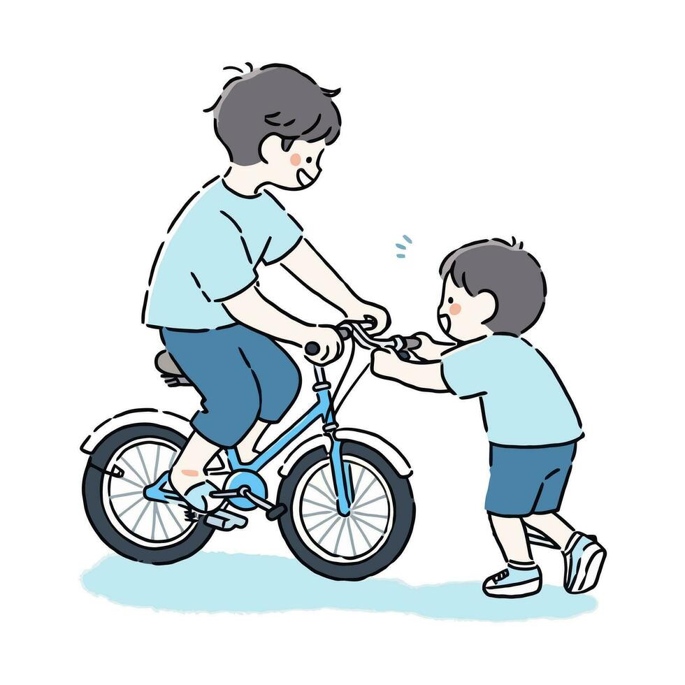 A boy helping his younger sibling ride a bicycle for the first time, vector illustration