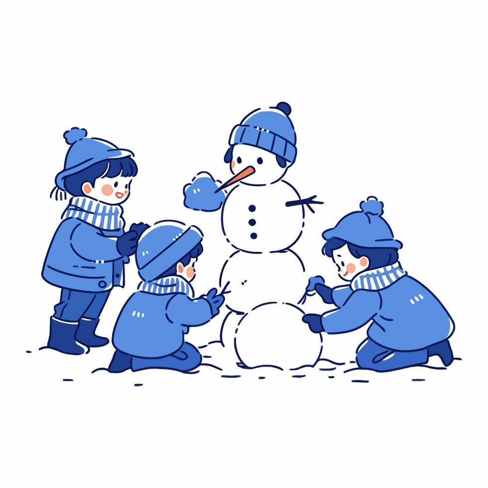 niños haciendo un monigote de nieve en un frío Navidad día. vector ilustración.