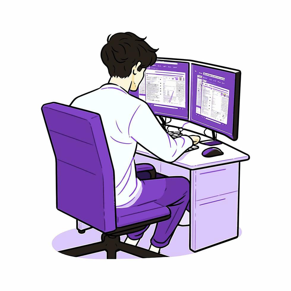 A software developer coding a new application late at night, vector illustration