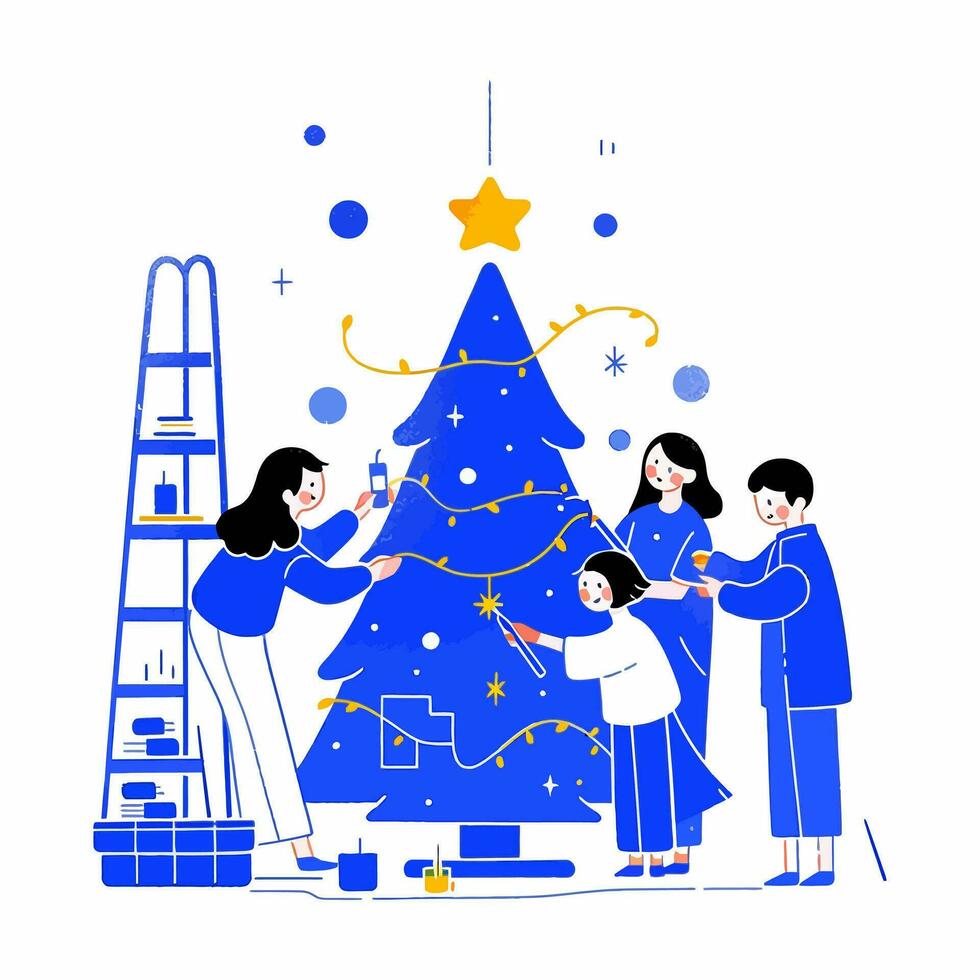 A family decorating a Christmas tree with twinkling lights and handmade ornaments. Vector Illustration.
