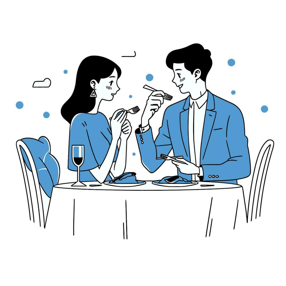 un Pareja disfrutando un romántico cena a un minimalista restaurante, minimalista vector ilustración