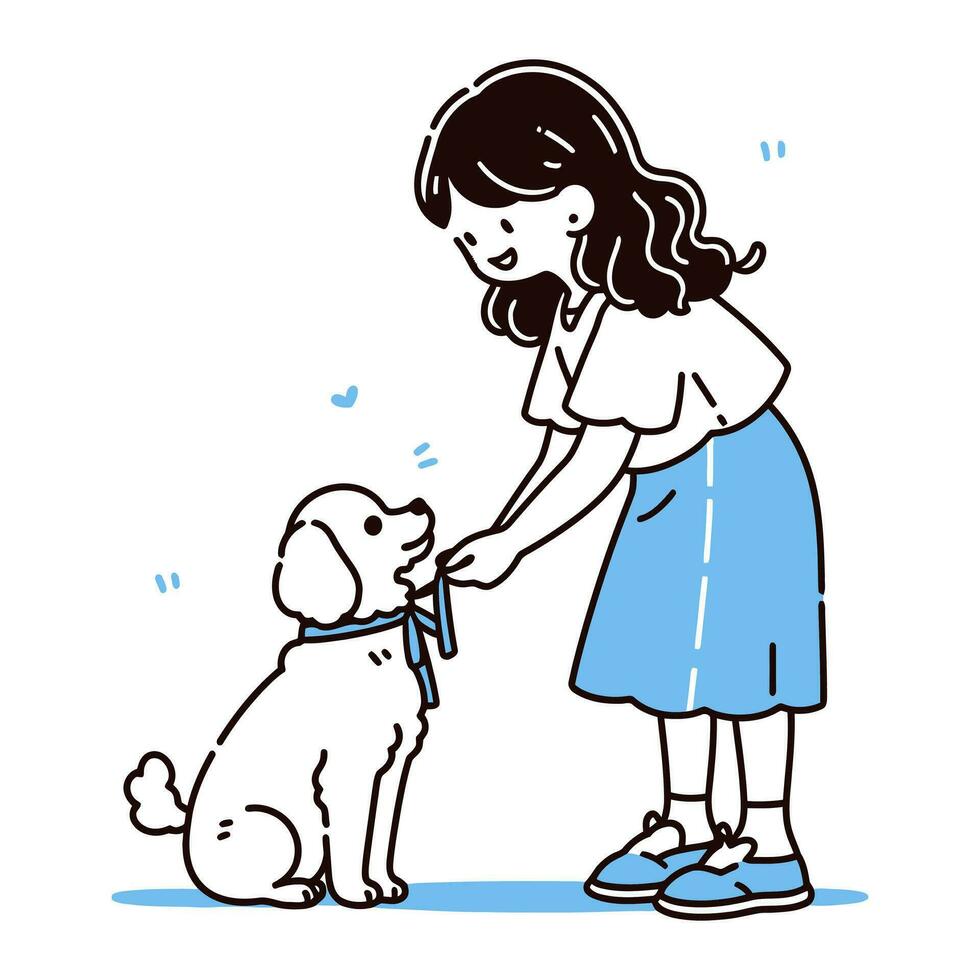 un niña pacientemente enseñando su mascota perro nuevo trucos, vector ilustración