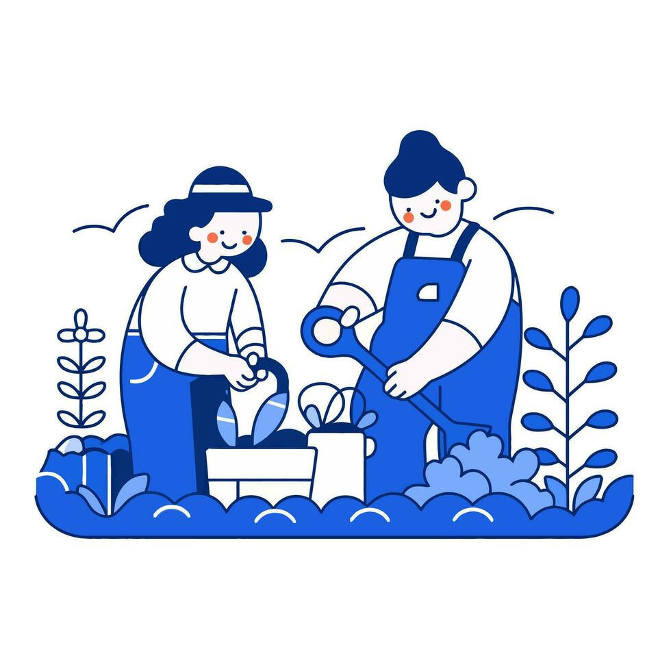 A couple gardening together in their backyard, minimalistic vector illustration