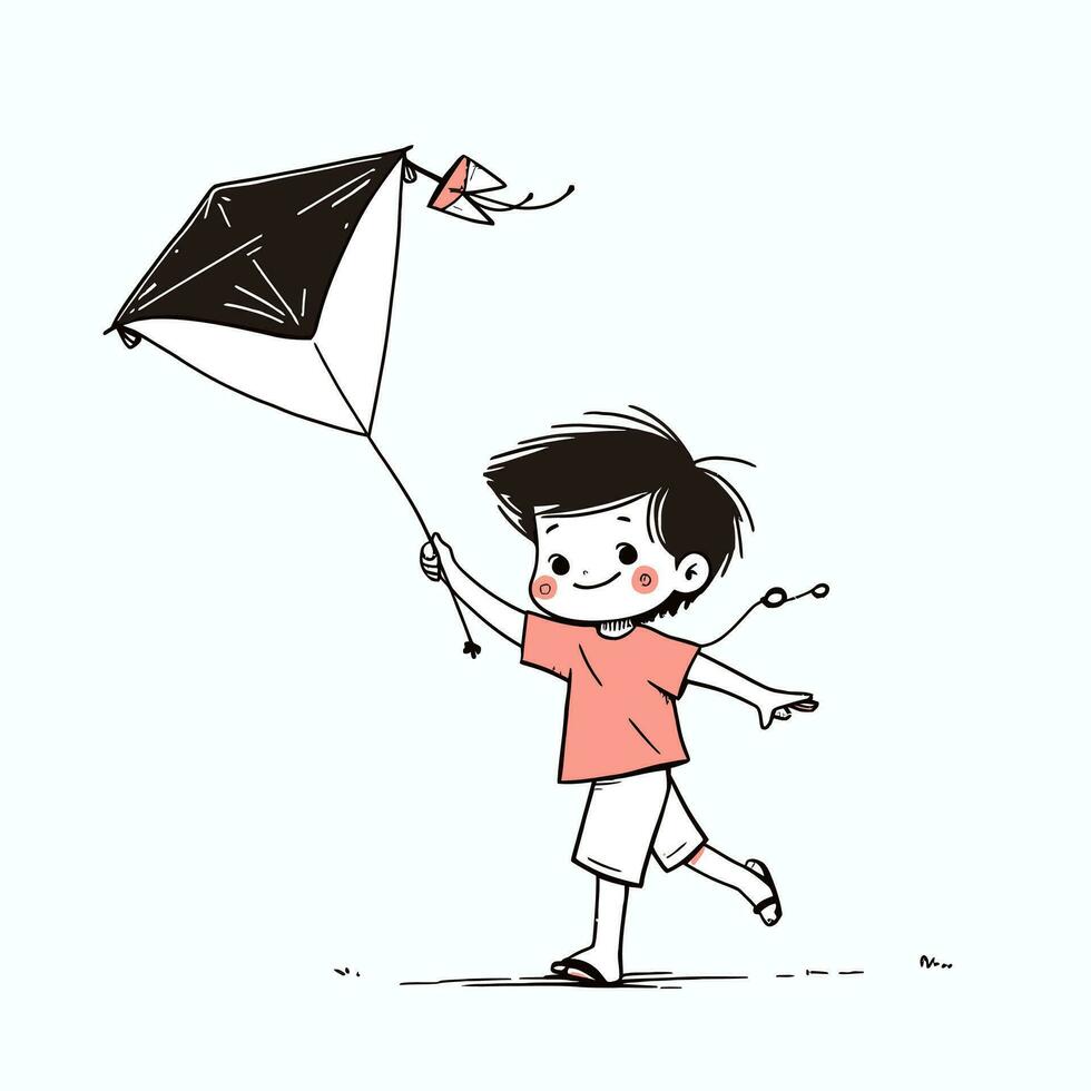 A young boy flying a kite on a breezy afternoon, vector illustration