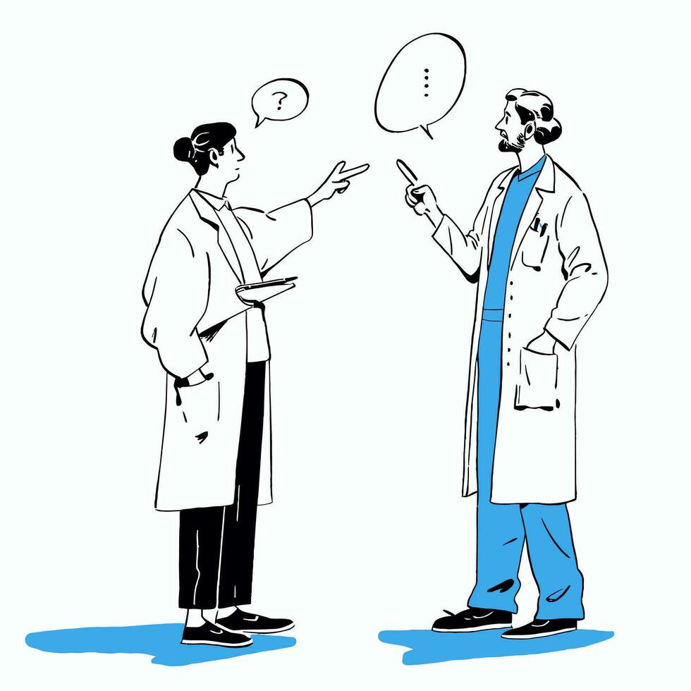 un médico y un paciente que se discute tratamiento opciones, minimalista vector ilustración