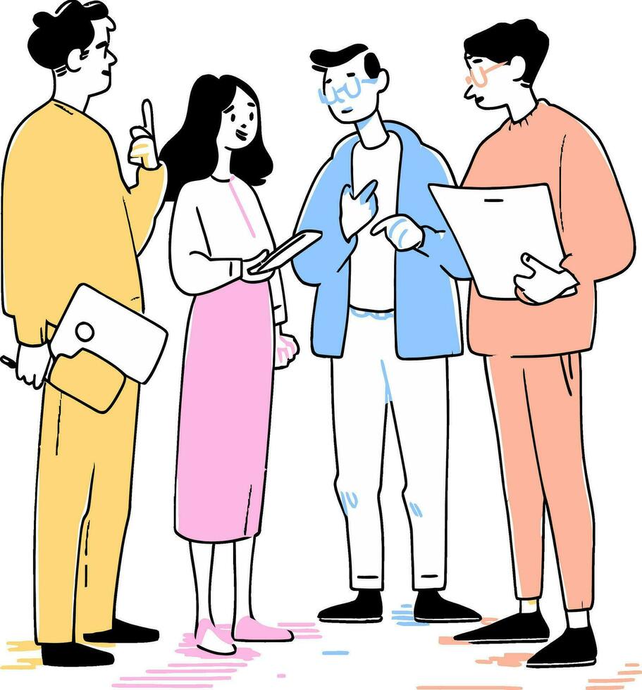 A marketing team and a client brainstorming ideas for a new campaign, vector illustration