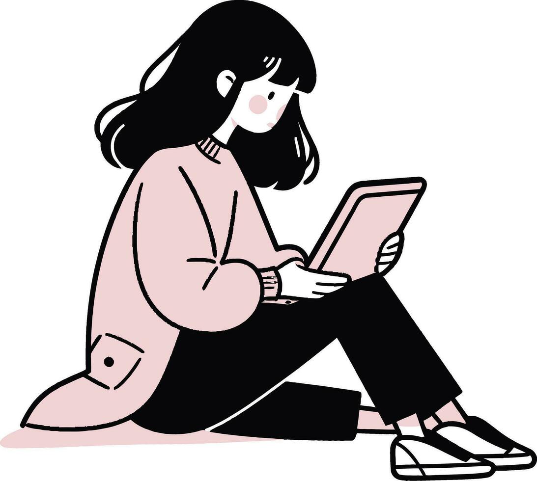 mujer utilizando ordenador portátil computadora en minimalista mano dibujado estilo vector ilustración