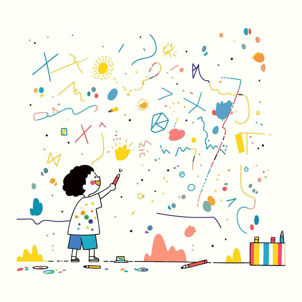 A child painting a colorful mural on a school wall, vector illustration