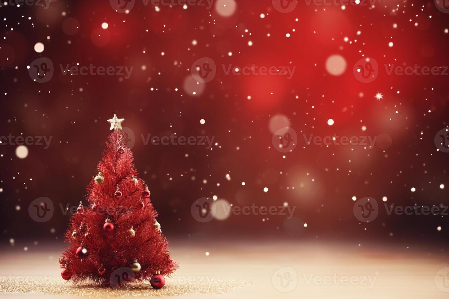 Christmas Splendor Xmas Tree and Bokeh Lights on Red Canvas Background photo