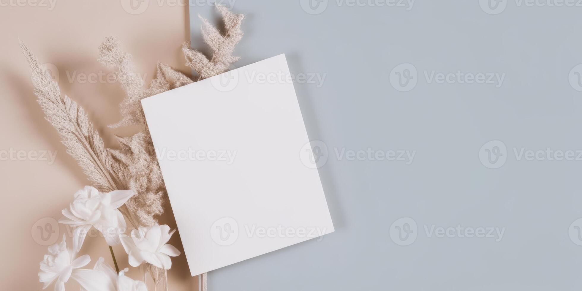 Mockup Paper Wedding Invitation Boho Minimal Style Greeting Card for Wedding Invitations and Birthday Stationery. Top View Flat Lay Copyspace. photo