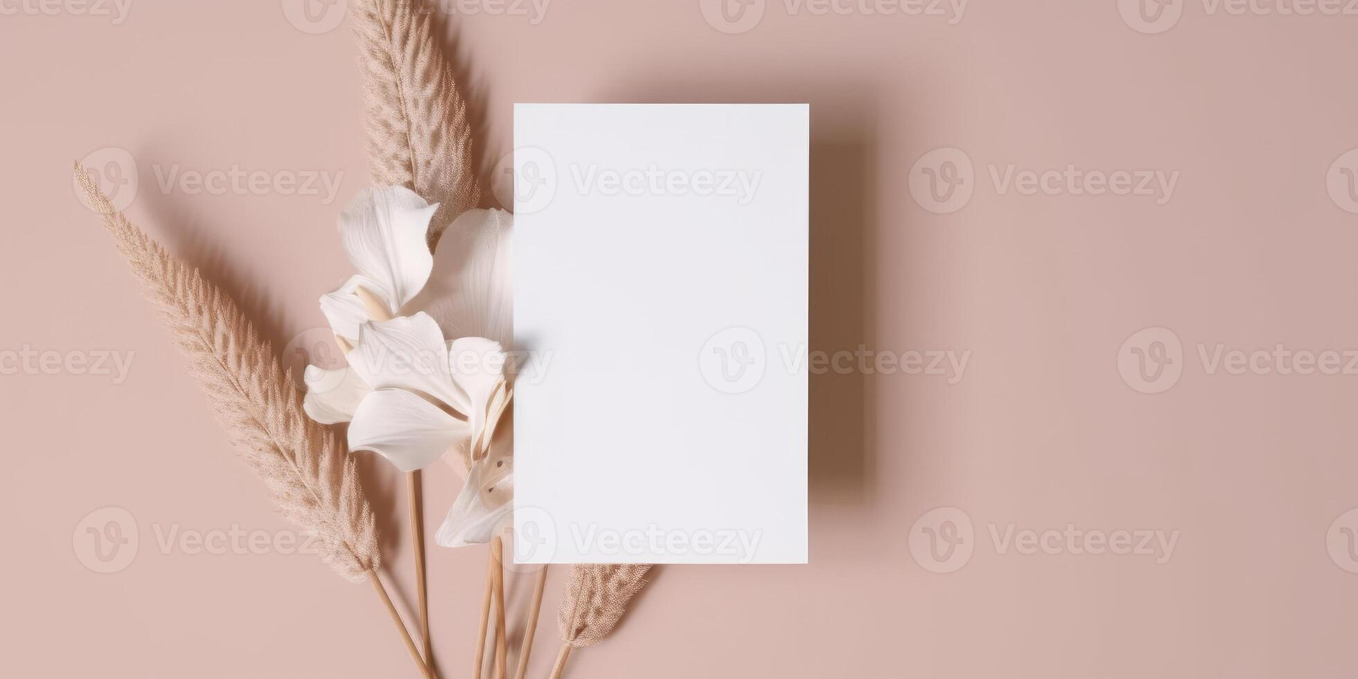 Mockup Paper Wedding Invitation Boho Minimal Style Greeting Card for Wedding Invitations and Birthday Stationery. Top View Flat Lay Copyspace. photo