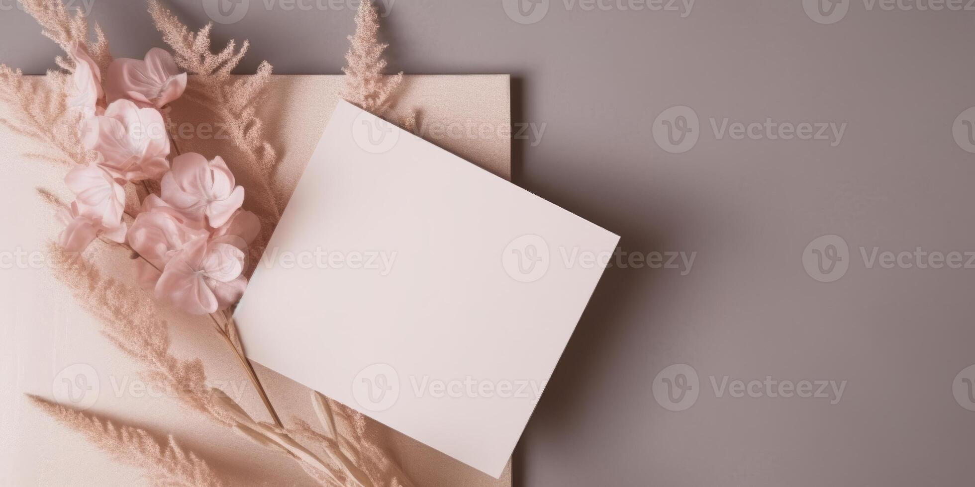 Mockup Paper Wedding Invitation Boho Minimal Style Greeting Card for Wedding Invitations and Birthday Stationery. Top View Flat Lay Copyspace. photo