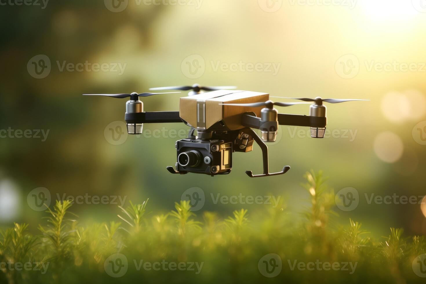 Futuristic Drone Delivery Revolutionizing Business Air Transportation with Unmanned Aircraft Robots, package flying through the air off a drone photo