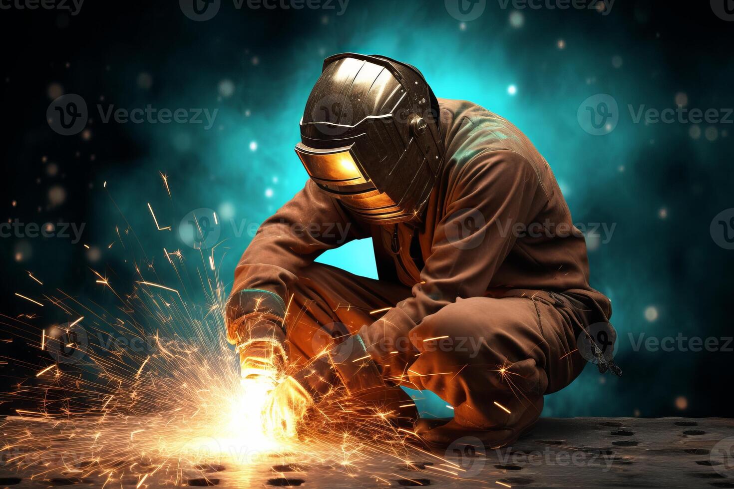 Welder Wearing Welding Gear with Sparks A Skilled Welder in the Industrial Setting with Bokeh and Sparkle Background, photo