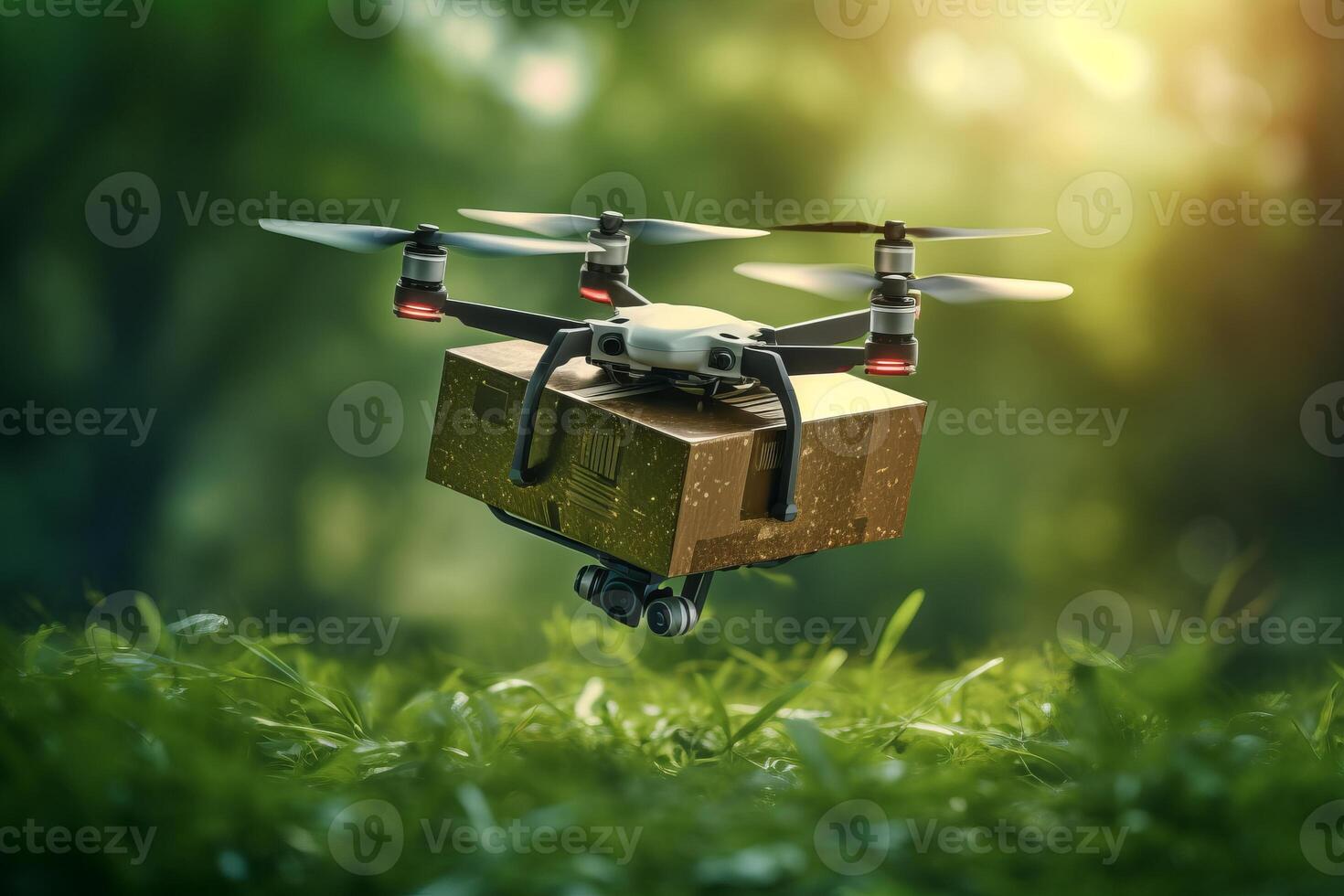 Futuristic Drone Delivery Revolutionizing Business Air Transportation with Unmanned Aircraft Robots, package flying through the air off a drone photo