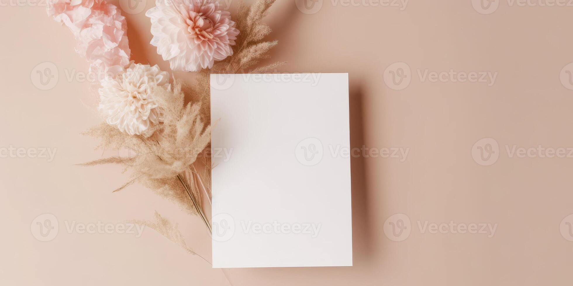 Mockup Paper Wedding Invitation Boho Minimal Style Greeting Card for Wedding Invitations and Birthday Stationery. Top View Flat Lay Copyspace. AI Generated photo