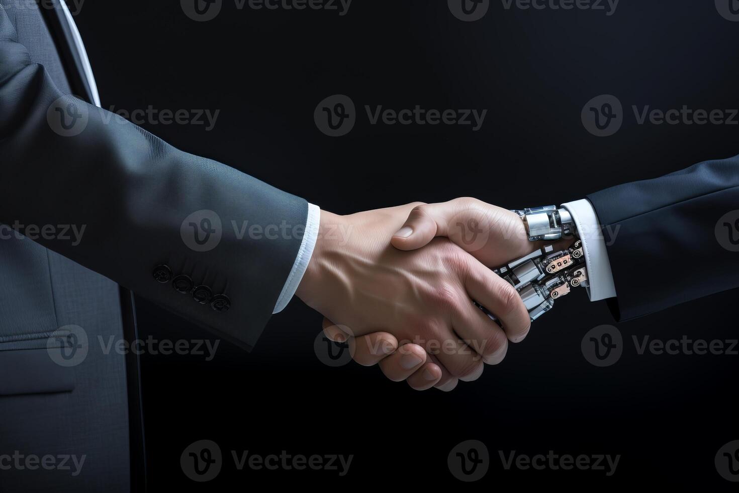 Businessman Shaking hand with a Robot. Innovation Futuristic Handshake between man and Robotic photo
