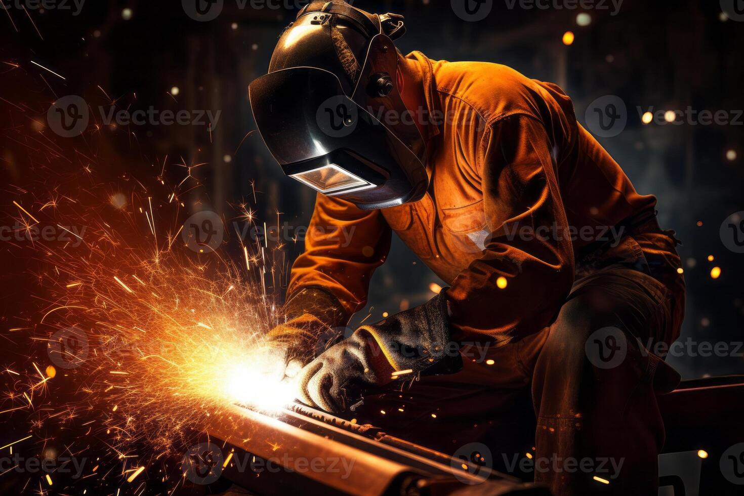 Welder Wearing Welding Gear with Sparks A Skilled Welder in the Industrial Setting with Bokeh and Sparkle Background, photo