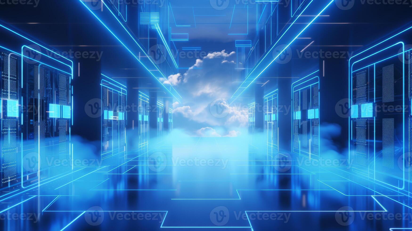 cloud computing concept art abstract, cloud server. data center organize, technology blue light room photo