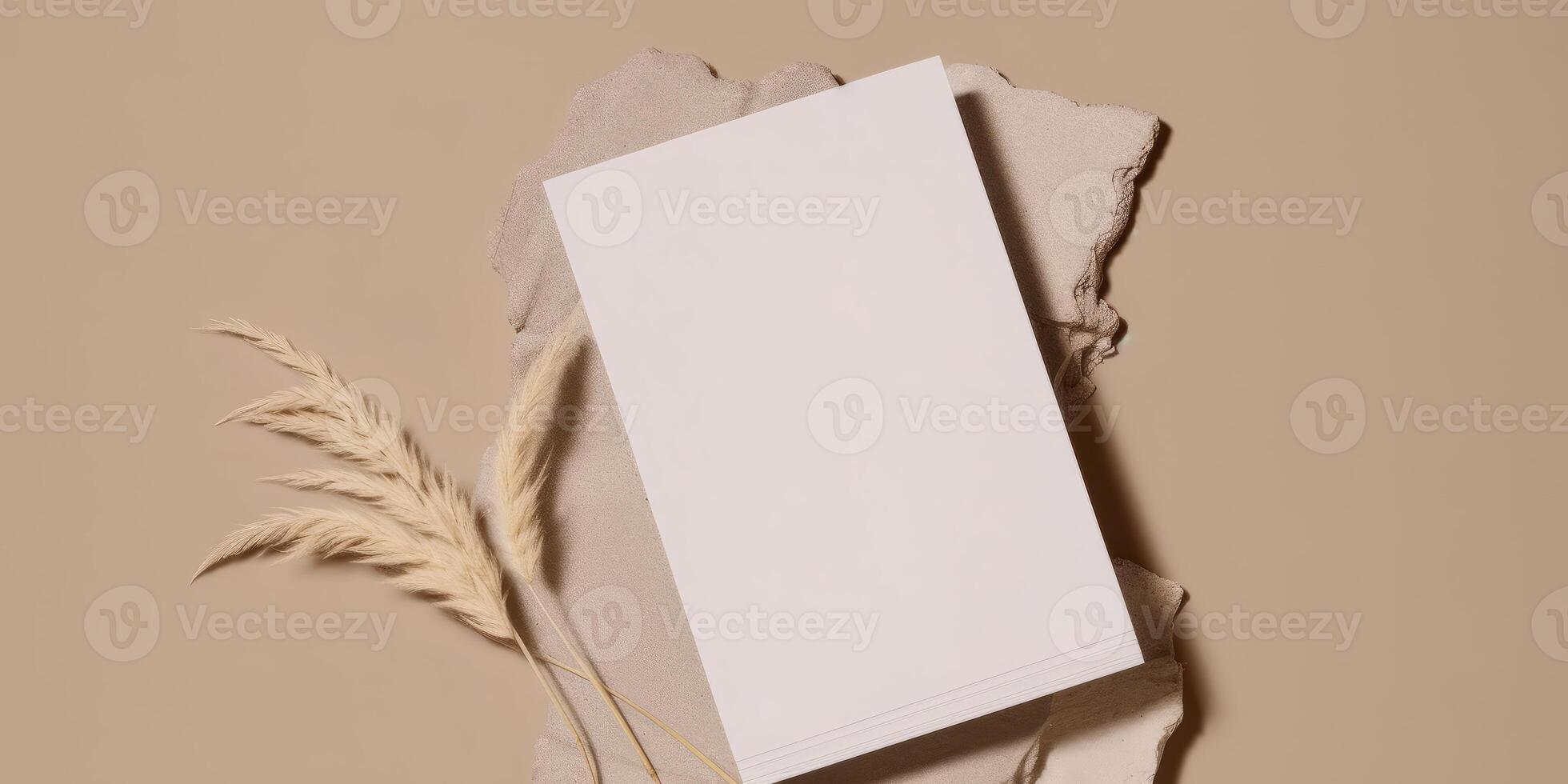 Mockup Paper Wedding Invitation Boho Minimal Style Greeting Card for Wedding Invitations and Birthday Stationery. Top View Flat Lay Copyspace. photo